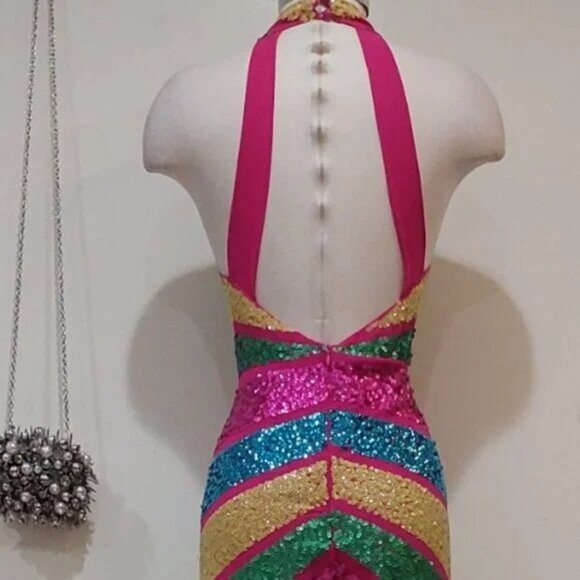 💋RETRO GLAM!💋 STUDIO 54 Halter Cut Out Wide-leg Jumpsuit in Stripe Sequin - Picture 11 of 15